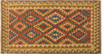 Flat Weave Kilim, Antique, Navaho, Vintage, Handmade, Geometric Kilim Brown Blue Hand-Woven Rectangle 100% Wool Area Rug 4 x 6